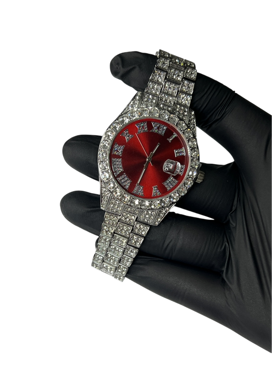 Ceas "Iced Out" Rosu/Argintiu