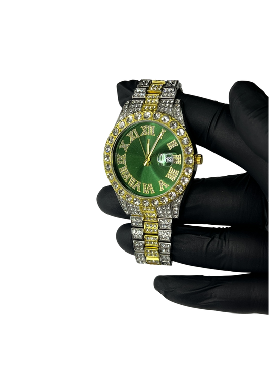 Ceas "Iced Out" Verde/Auriu/Argintiu