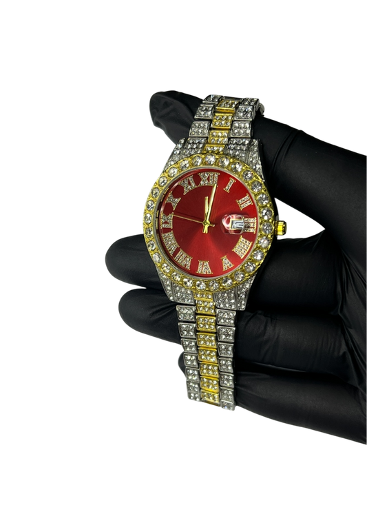 Ceas "Iced Out" Rosu/Auriu/Argintiu