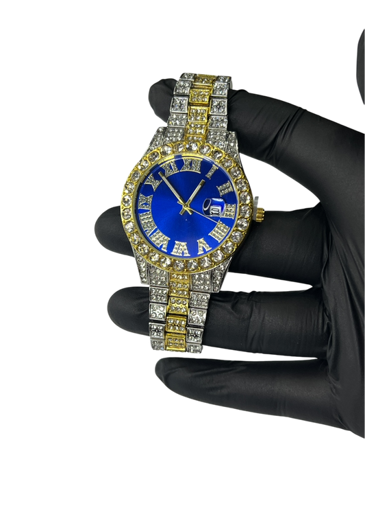Ceas "Iced Out" Albastru/Auriu/Argintiu